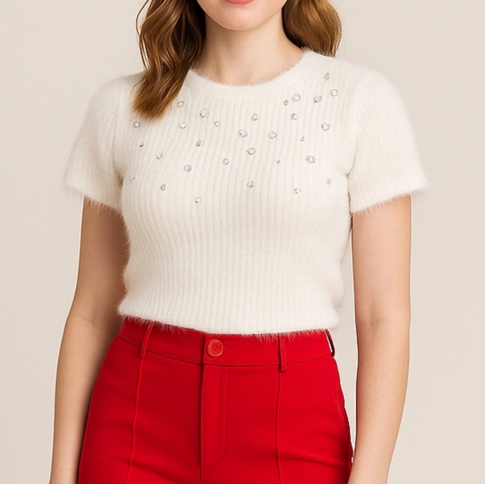 ZARA/Elegant White Faux‎ Fur/Embellished Top/Size S